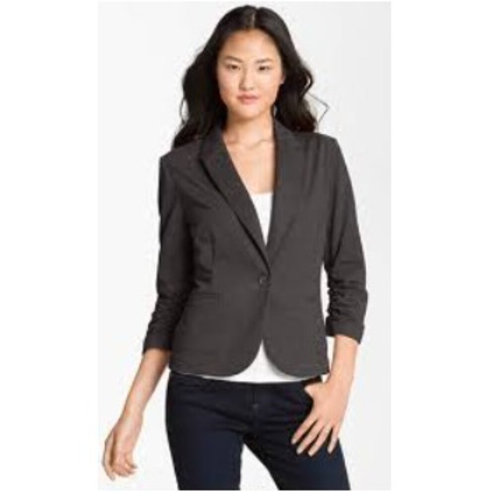 🌷Olivia Moon Linen One Button 3/4 Ruched Sleeved Blazer Black - Picture 3 of 13